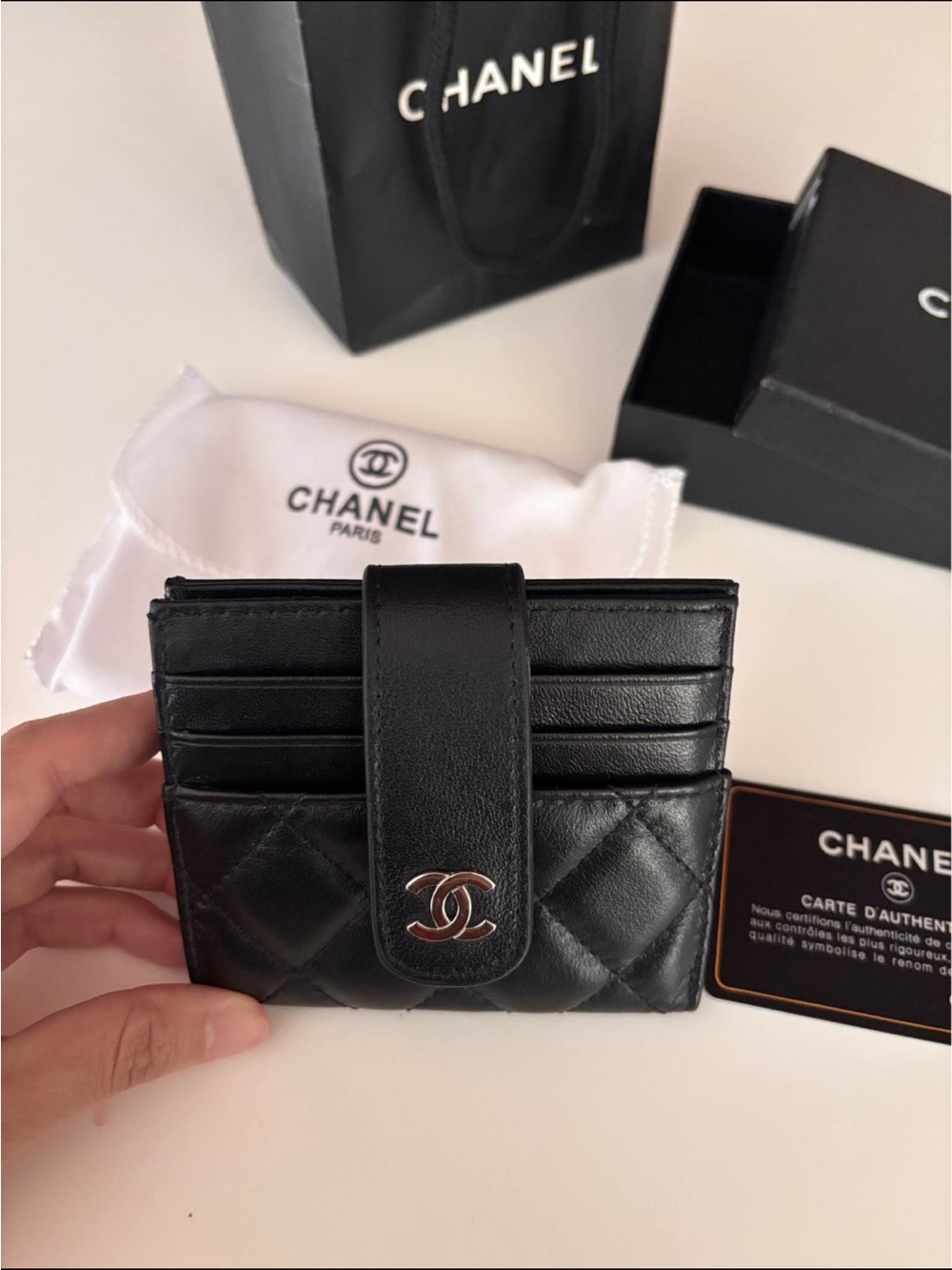 New CHANEL Black Quilted Leather Card Holder